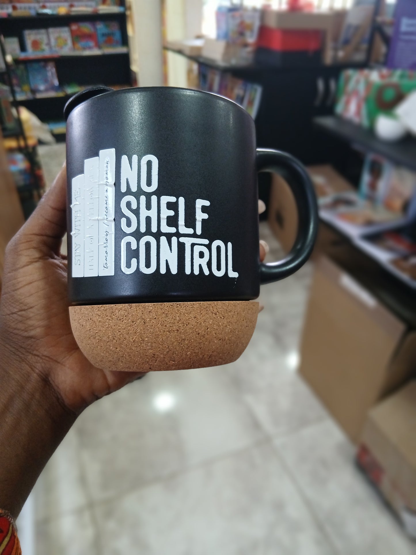 Cork Mugs (With 'No Shelf Control' Inscription)
